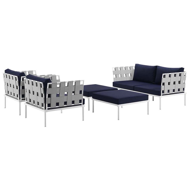 Modway Harmony 5-Piece Outdoor Patio Aluminum Sectional Sofa Set in White/Navy