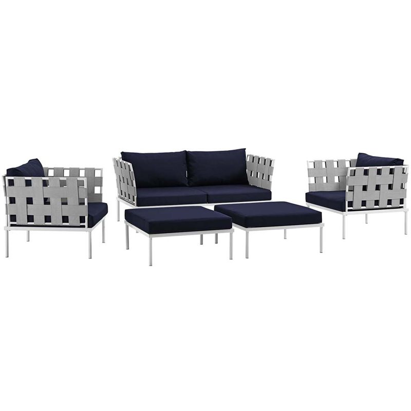 Modway Harmony 5-Piece Outdoor Patio Aluminum Sectional Sofa Set in White/Navy