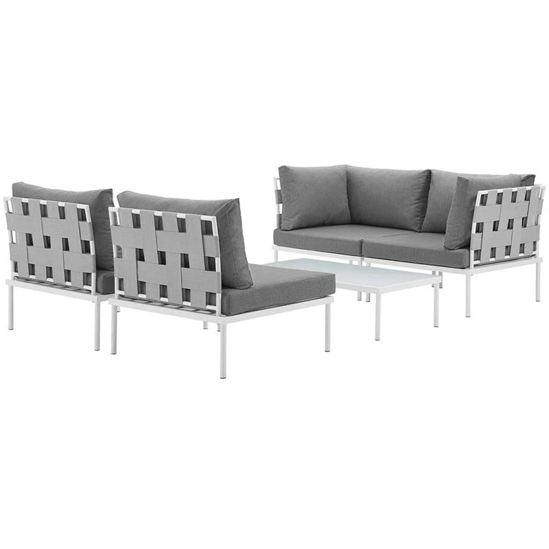 Modway Harmony 5-Piece Outdoor Patio Aluminum Sectional Sofa Set in White/Gray