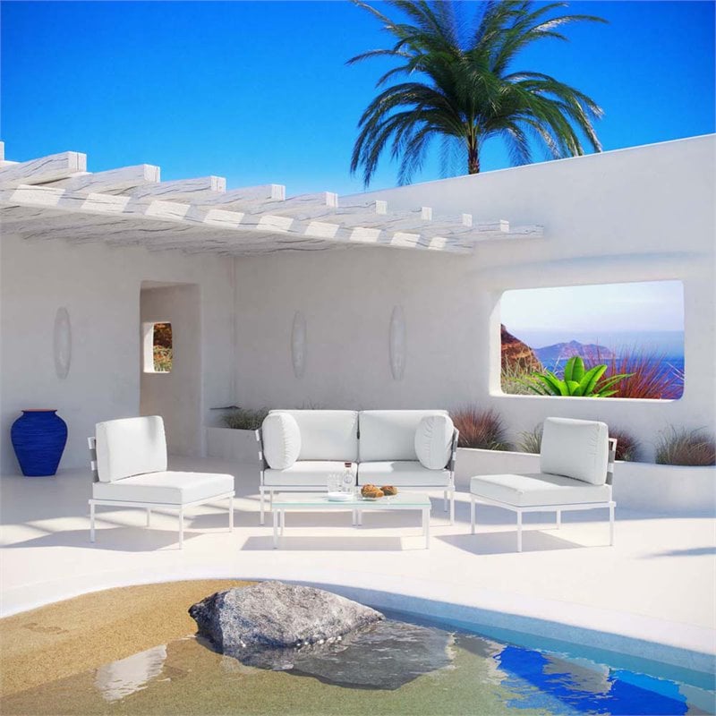 Modway Harmony 5-Piece Outdoor Patio Aluminum Sectional Sofa Set in White