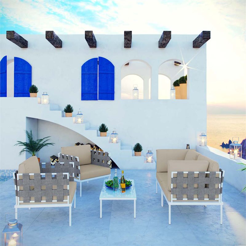 Modway Harmony 5-Piece Outdoor Patio Aluminum Sectional Sofa Set in White/Beige