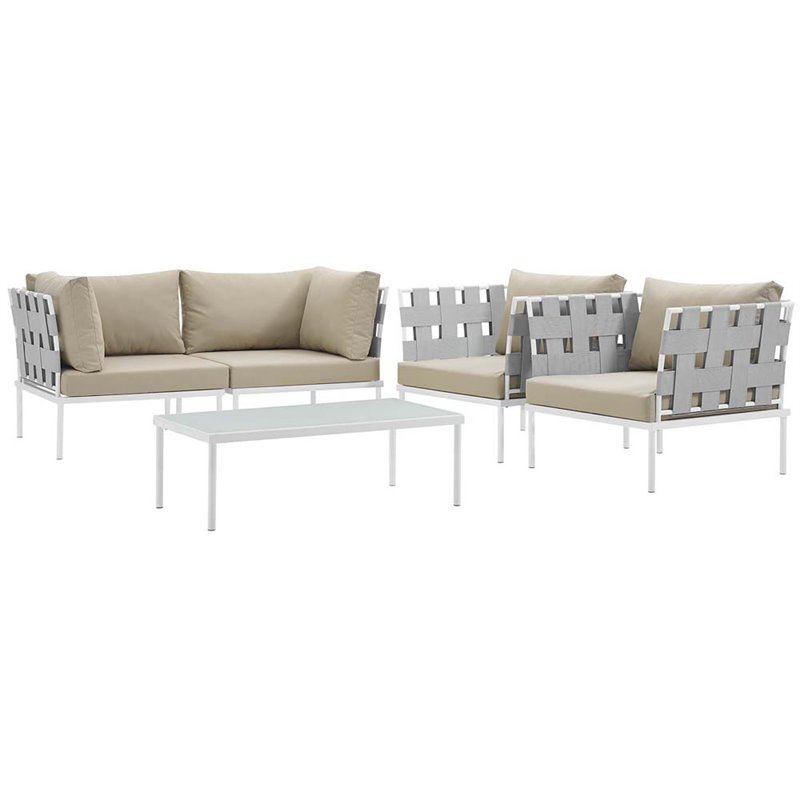 Modway Harmony 5-Piece Outdoor Patio Aluminum Sectional Sofa Set in White/Beige