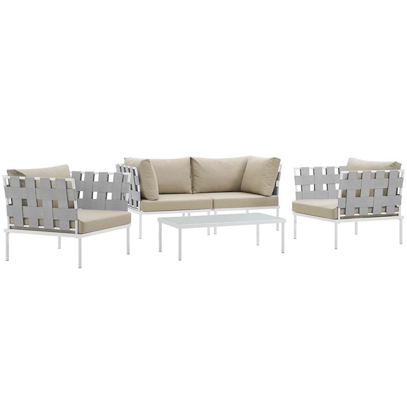 Modway Harmony 5-Piece Outdoor Patio Aluminum Sectional Sofa Set in White/Beige