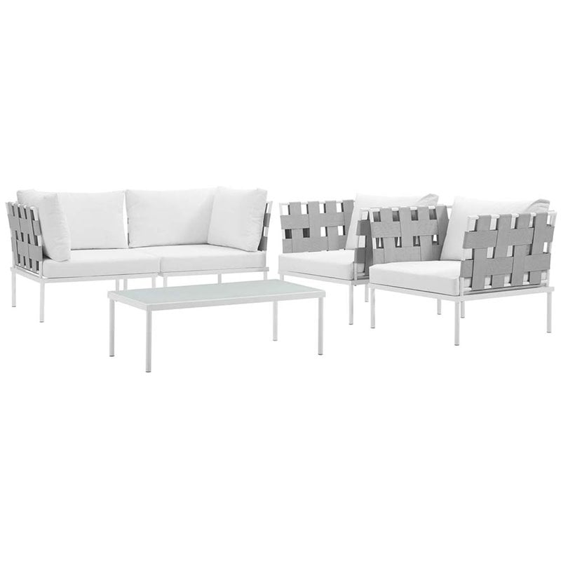 Modway Harmony 5-Piece Outdoor Patio Aluminum Sectional Sofa Set in White