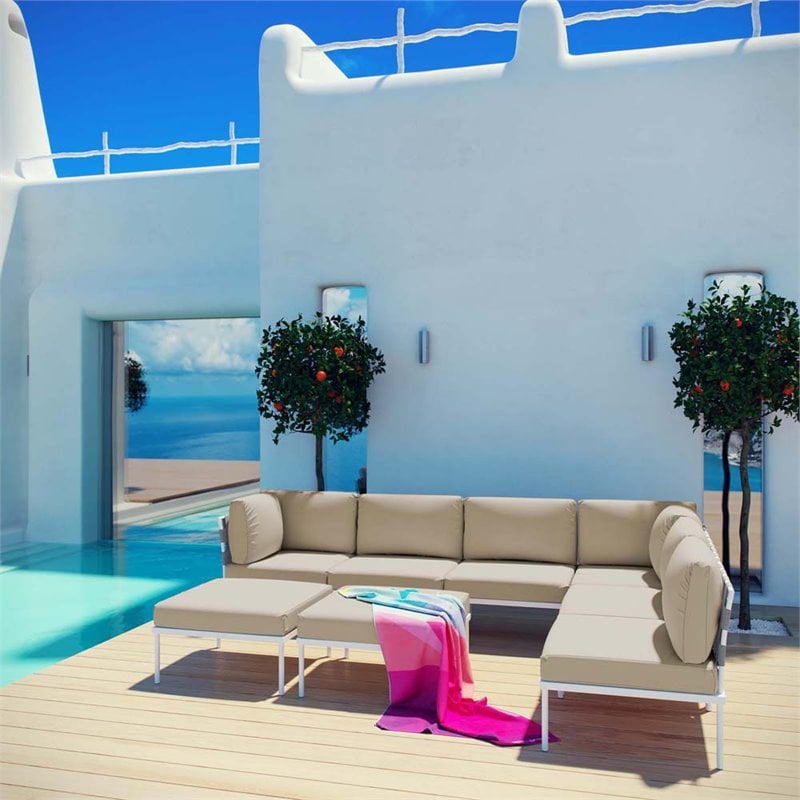 Modway Harmony 8-Piece Outdoor Patio Aluminum Sectional Sofa Set in White/Beige