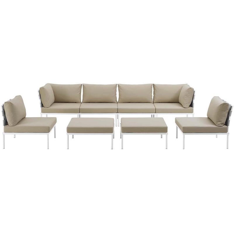 Modway Harmony 8-Piece Outdoor Patio Aluminum Sectional Sofa Set in White/Beige