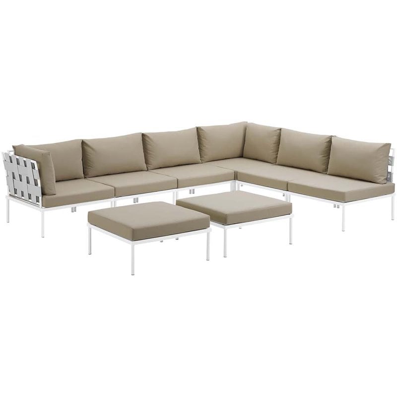 Modway Harmony 8-Piece Outdoor Patio Aluminum Sectional Sofa Set in White/Beige