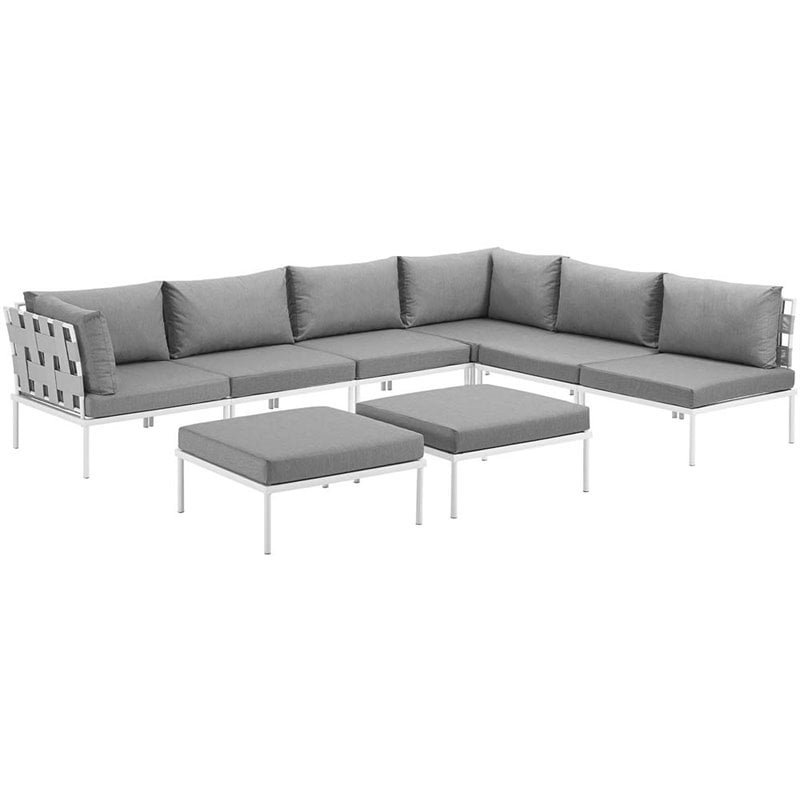Modway Harmony 8-Piece Outdoor Patio Aluminum Sectional Sofa Set in White/Gray