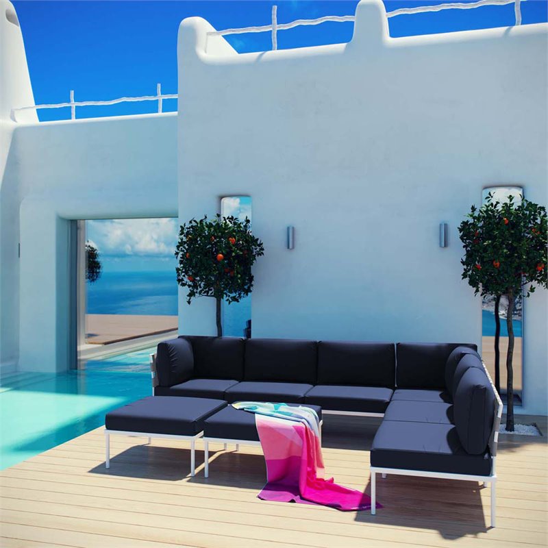 Modway Harmony 8-Piece Outdoor Patio Aluminum Sectional Sofa Set in White/Navy