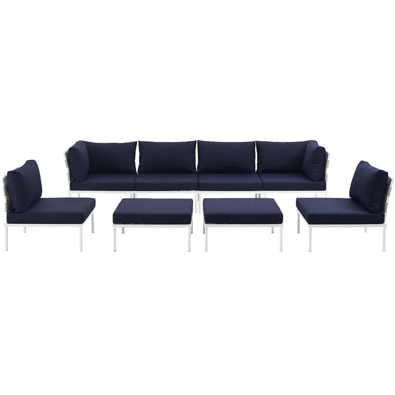 Modway Harmony 8-Piece Outdoor Patio Aluminum Sectional Sofa Set in White/Navy