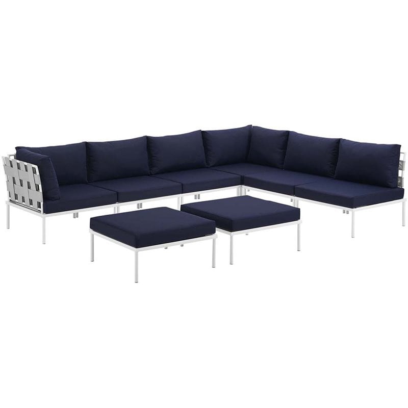 Modway Harmony 8-Piece Outdoor Patio Aluminum Sectional Sofa Set in White/Navy