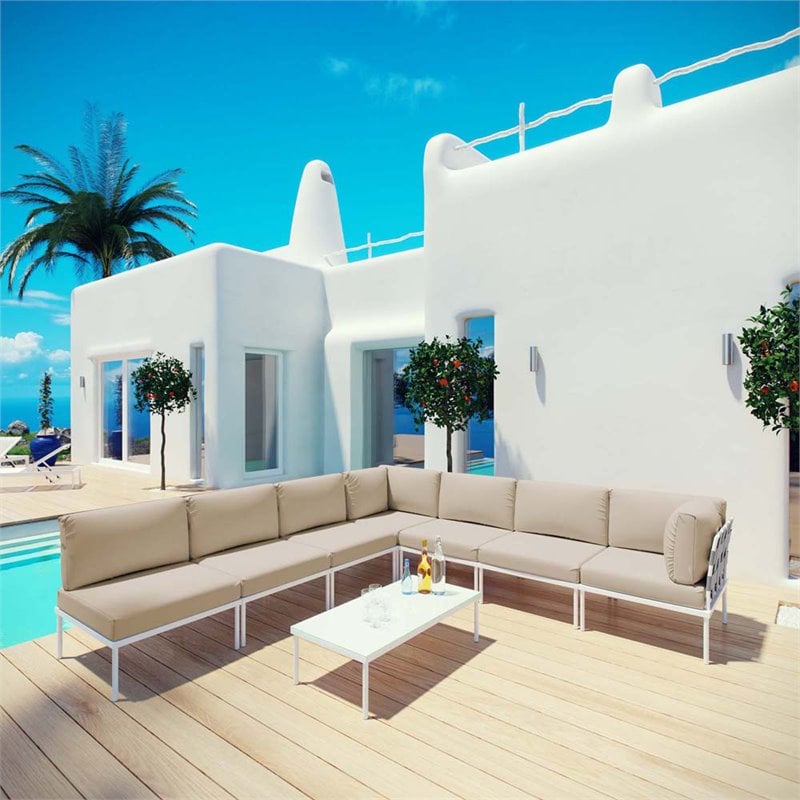 Modway Harmony 8-Piece Outdoor Patio Aluminum Sectional Sofa Set in White/Beige