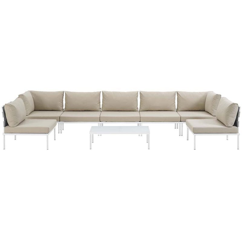 Modway Harmony 8-Piece Outdoor Patio Aluminum Sectional Sofa Set in White/Beige