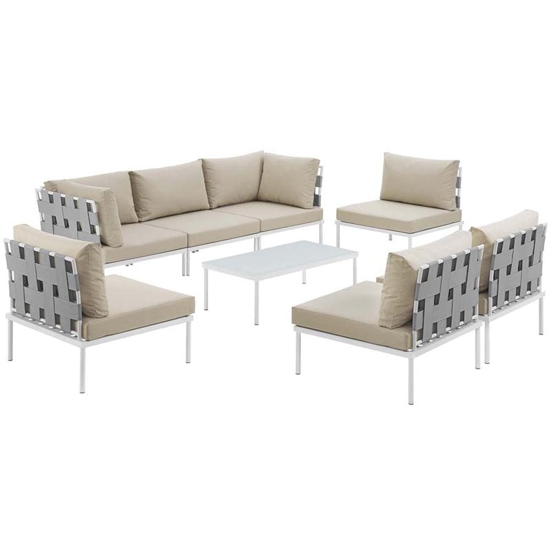 Modway Harmony 8-Piece Outdoor Patio Aluminum Sectional Sofa Set in White/Beige