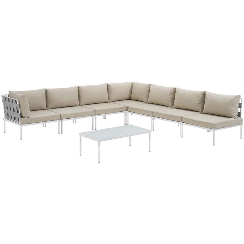 Modway Harmony 8-Piece Outdoor Patio Aluminum Sectional Sofa Set in White/Beige