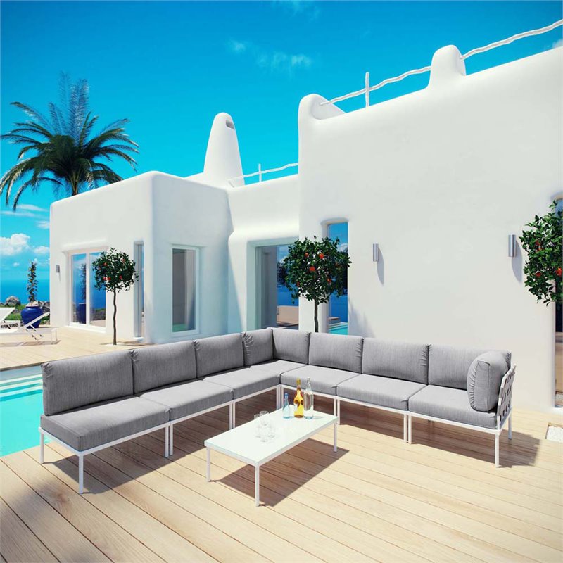 Modway Harmony 8-Piece Outdoor Patio Aluminum Sectional Sofa Set in White/Gray