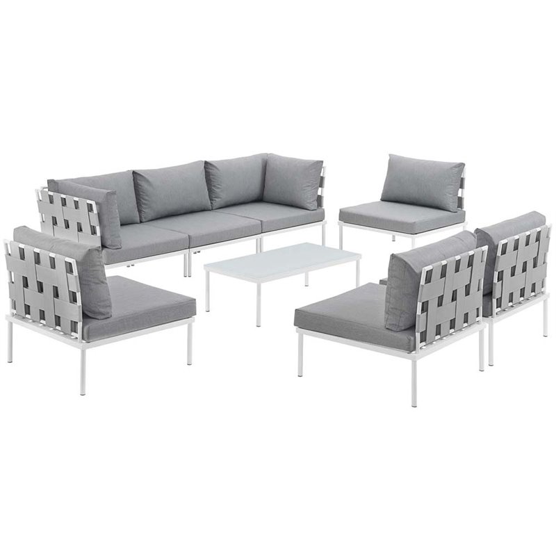 Modway Harmony 8-Piece Outdoor Patio Aluminum Sectional Sofa Set in White/Gray