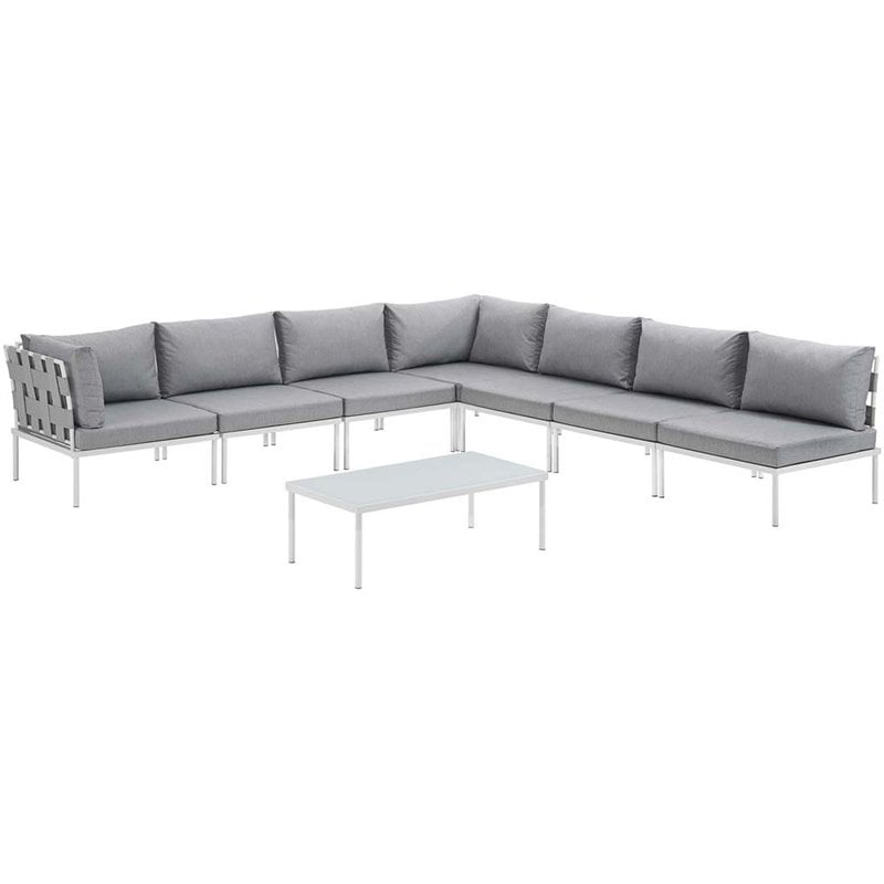 Modway Harmony 8-Piece Outdoor Patio Aluminum Sectional Sofa Set in White/Gray