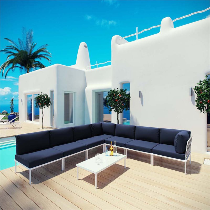 Modway Harmony 8-Piece Outdoor Patio Aluminum Sectional Sofa Set in White/Navy
