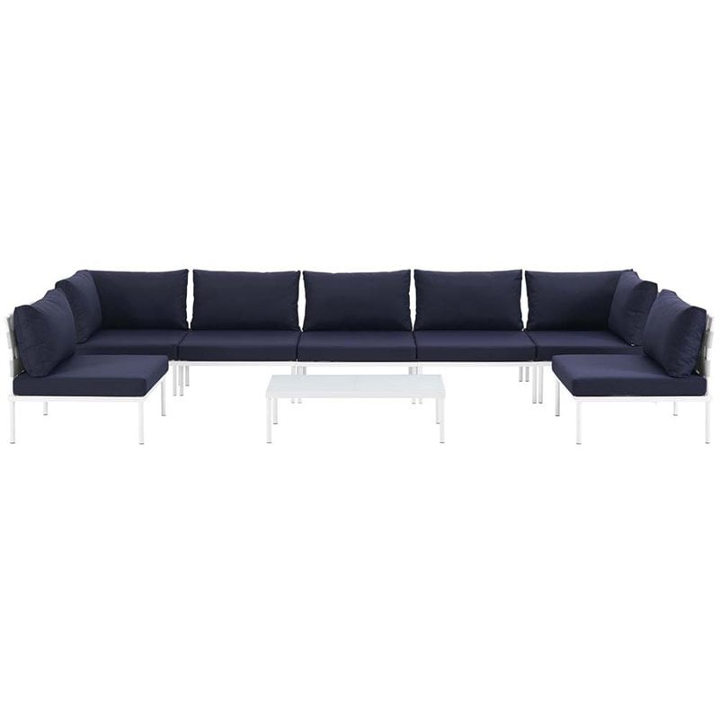 Modway Harmony 8-Piece Outdoor Patio Aluminum Sectional Sofa Set in White/Navy