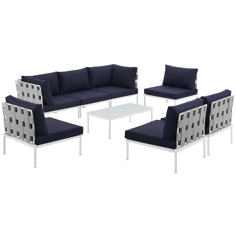 Modway Harmony 8-Piece Outdoor Patio Aluminum Sectional Sofa Set in White/Navy