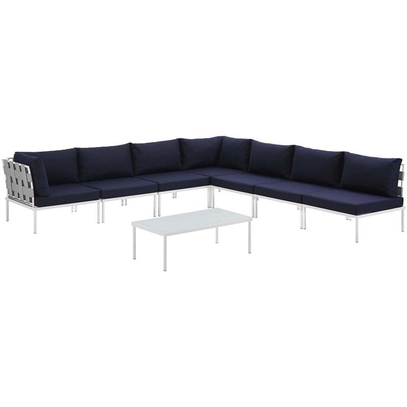 Modway Harmony 8-Piece Outdoor Patio Aluminum Sectional Sofa Set in White/Navy