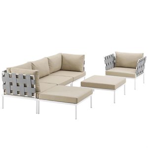 Modway Harmony 6-Piece Outdoor Patio Aluminum Sectional Sofa Set in White/Beige