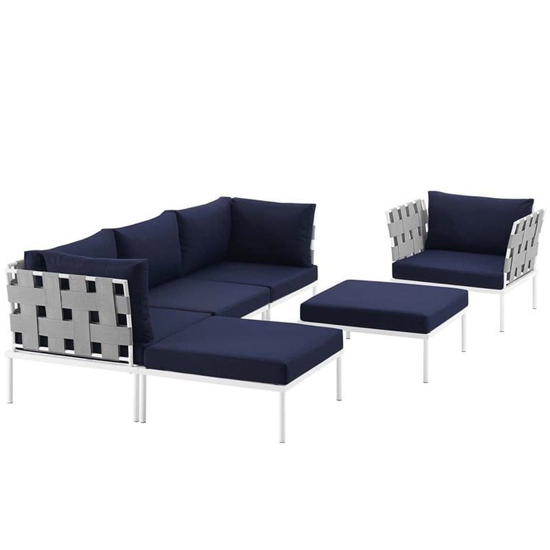 Modway Harmony 6-Piece Outdoor Patio Aluminum Sectional Sofa Set in White/Navy