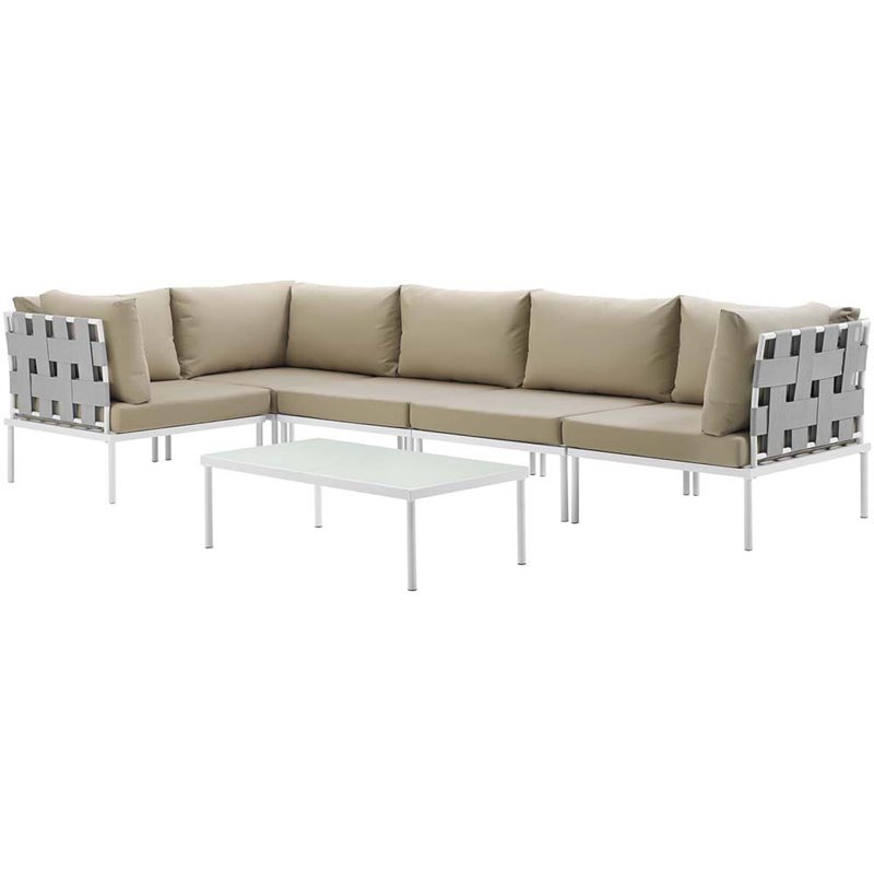 Modway Harmony 6-Piece Outdoor Patio Aluminum Sectional Sofa Set in White/Beige