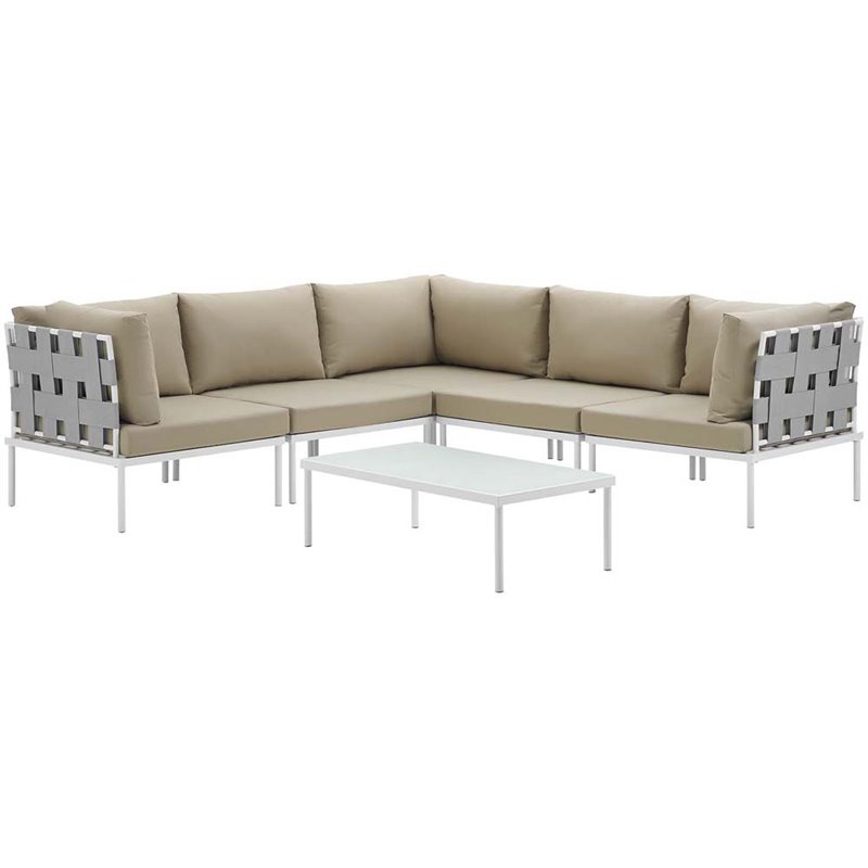 Modway Harmony 6-Piece Outdoor Patio Aluminum Sectional Sofa Set in White/Beige