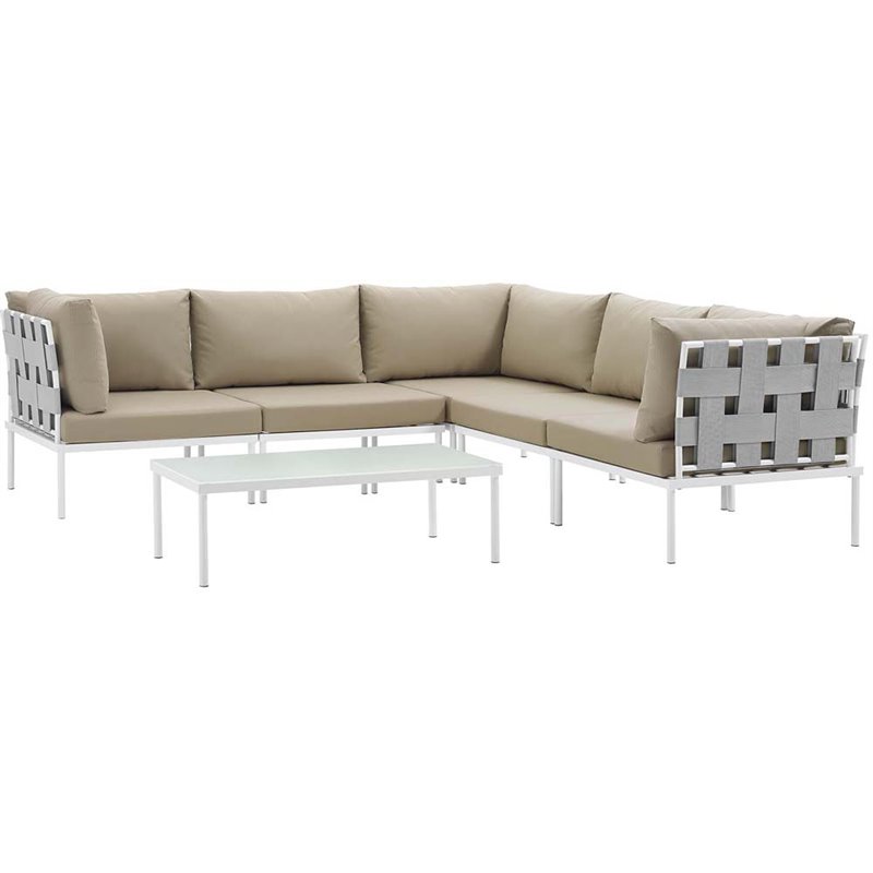 Modway Harmony 6-Piece Outdoor Patio Aluminum Sectional Sofa Set in White/Beige