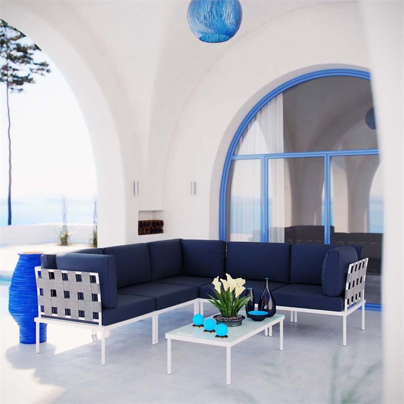 Modway Harmony 6-Piece Outdoor Patio Aluminum Sectional Sofa Set in White/Navy