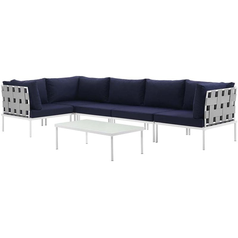 Modway Harmony 6-Piece Outdoor Patio Aluminum Sectional Sofa Set in White/Navy
