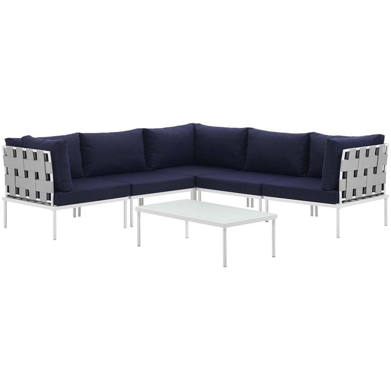 Modway Harmony 6-Piece Outdoor Patio Aluminum Sectional Sofa Set in White/Navy