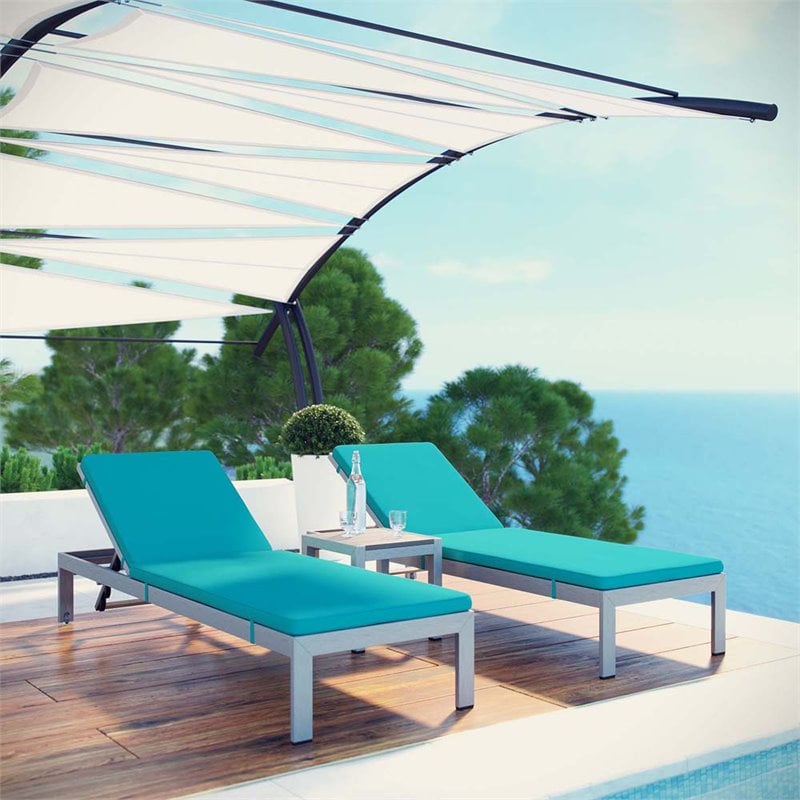 Modway Shore 3-Piece Outdoor Aluminum Chaise with Cushions in Silver/Turquoise