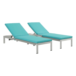 Modway Shore 3-Piece Outdoor Aluminum Chaise with Cushions in Silver/Turquoise