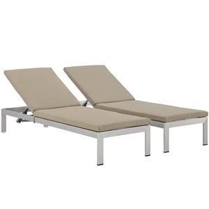modway shore aluminum patio chaise lounge in silver and beige