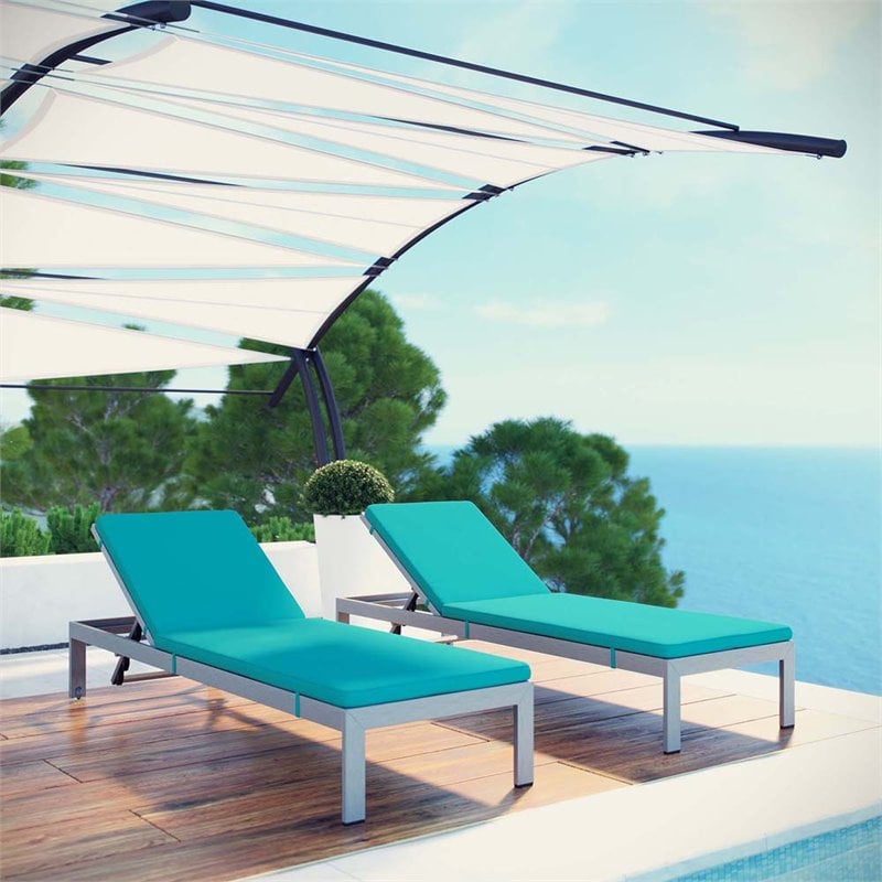 Modway Shore Fabric Patio Chaise Lounge Chairs in Silver/Turquoise (Set of 2)