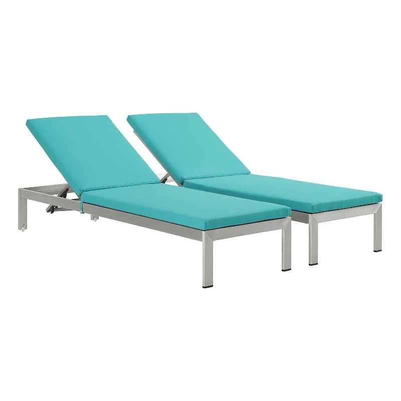 Modway Shore Fabric Patio Chaise Lounge Chairs in Silver/Turquoise (Set of 2)