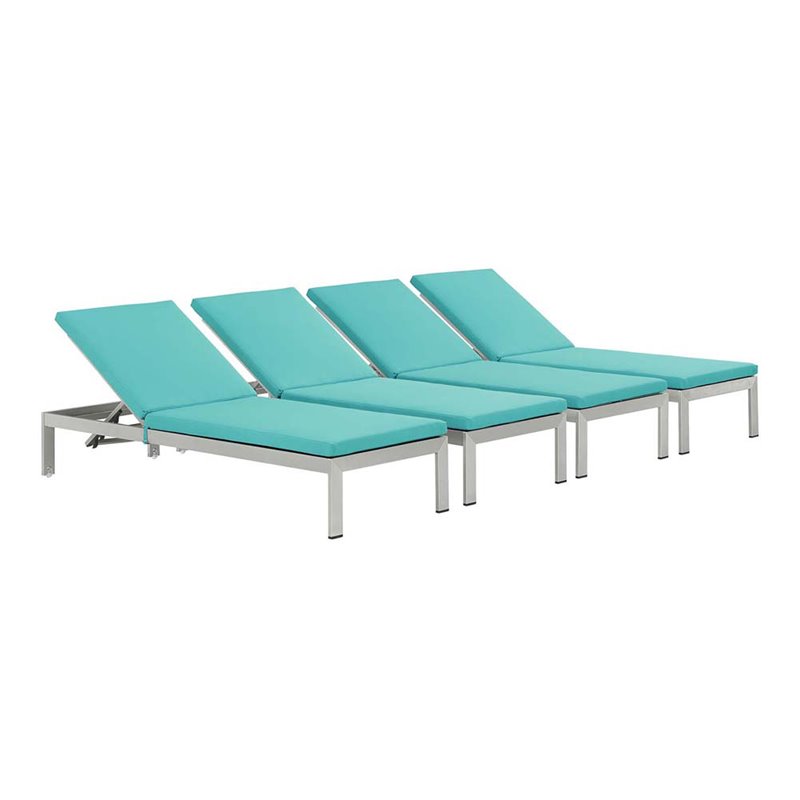 Modway Shore Aluminum Patio Chaise Lounge in Silver and Turquoise (Set of 4)