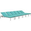 Modway Shore Aluminum Patio Chaise Lounge in Silver and Turquoise (Set of 6)