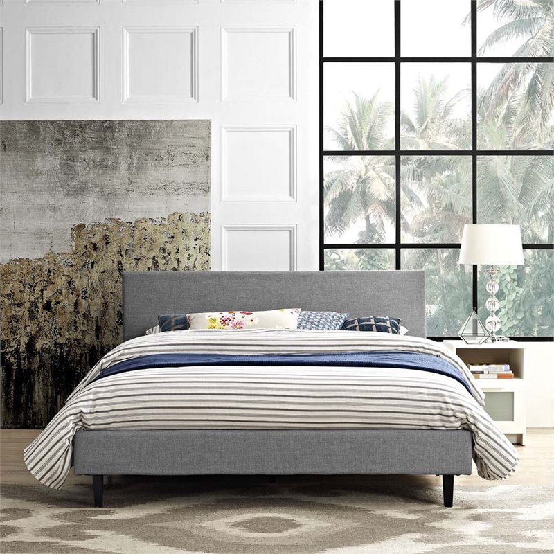 Modway Anya Queen Modern Style Polyester Fabric Bed in Light Gray Finish