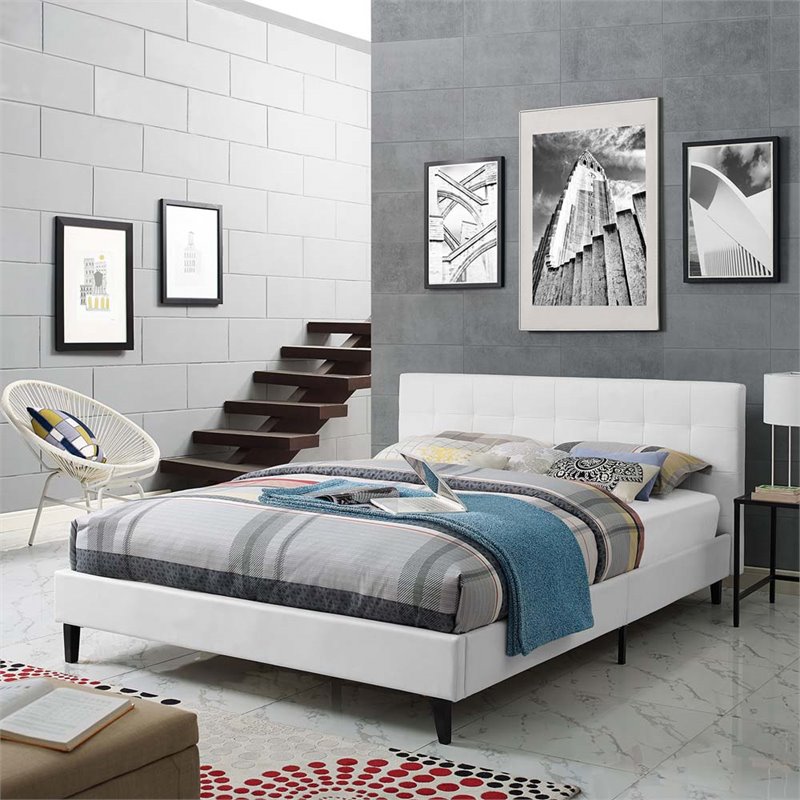 Modway Linnea Queen Modern Style Vinyl and Wood Bed in White Finish