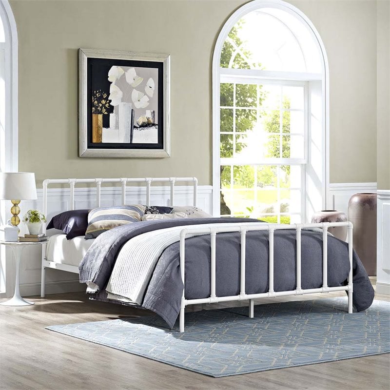 Modway Dower Queen Modern Sturdy Powder Coated Steel Bed in White