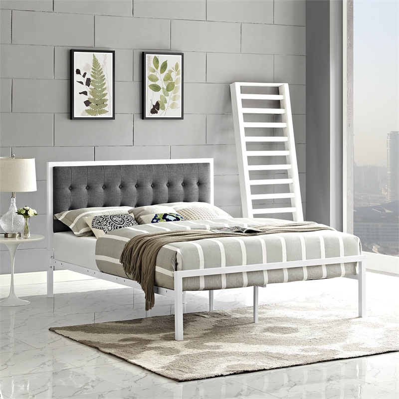 Millie Fabric King Bed in White Gray