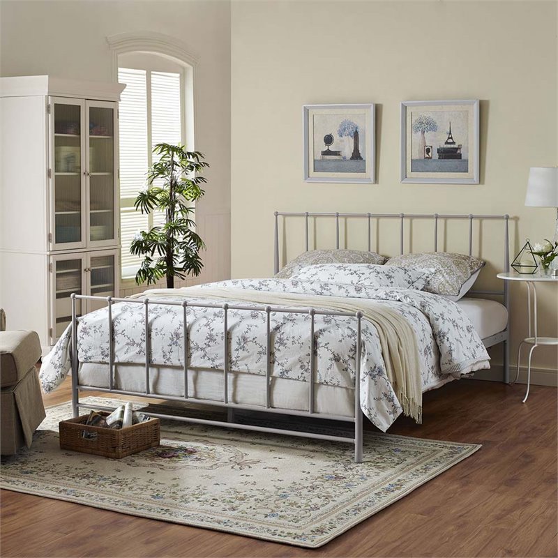 Modway Estate Modern Sturdy Powder Coated Steel Queen Bed in Gray