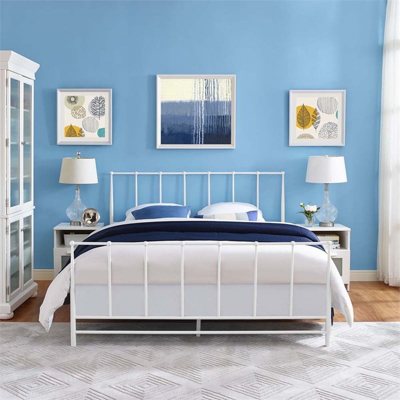 Modway Estate Modern Sturdy Powder Coated Steel Queen Bed in White