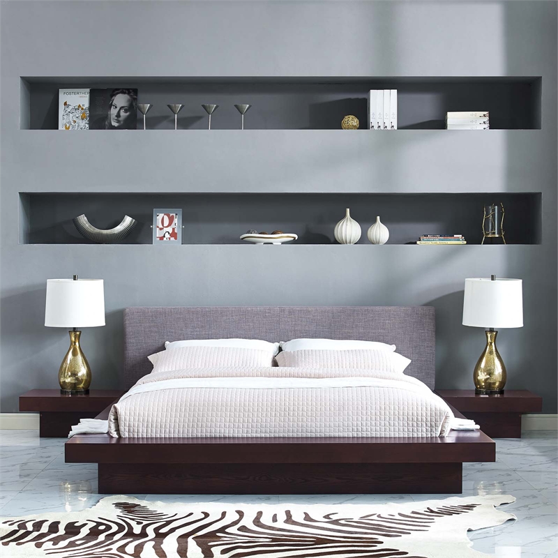 Modway Freja 3-Piece Queen Fabric and Wood Bedroom Set in Cappuccino/Gray