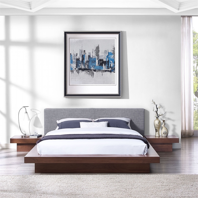 Modway Freja 3-Piece Queen Fabric and Wood Bedroom Set in Walnut/Gray