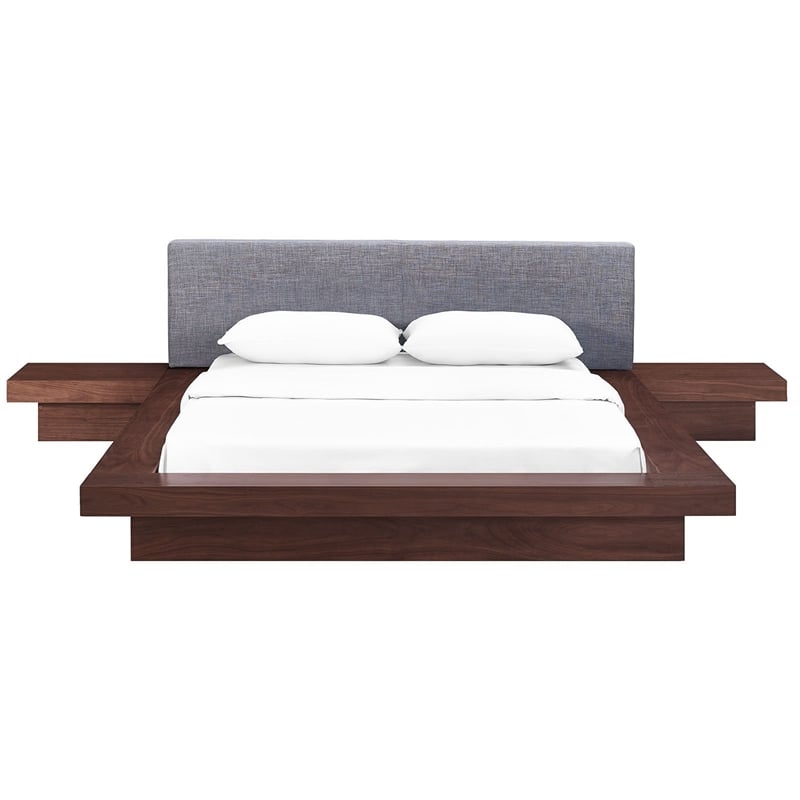 Modway Freja 3-Piece Queen Fabric and Wood Bedroom Set in Walnut/Gray